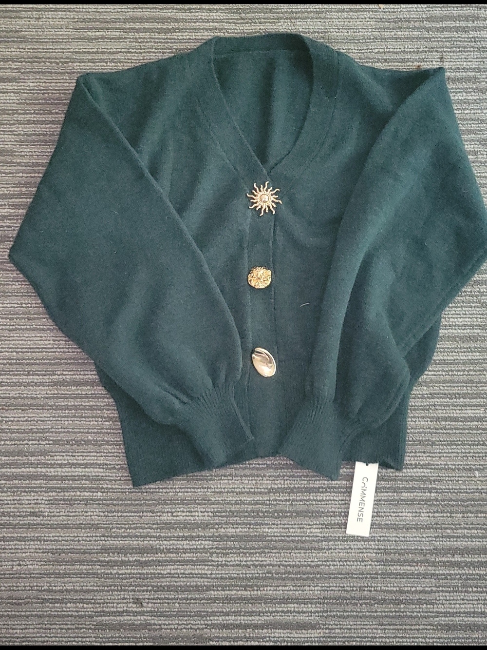 Commense Dark Green V-Neck Cardigan with Decorative Gold Buttons